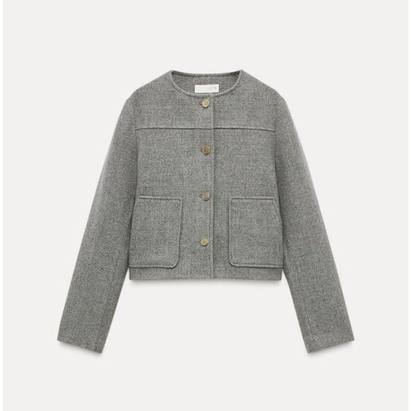 Zara Womens Jacket Blazer S Small Gray Round Neck Gold Button 3046/020 NWT - Picture 3 of 16